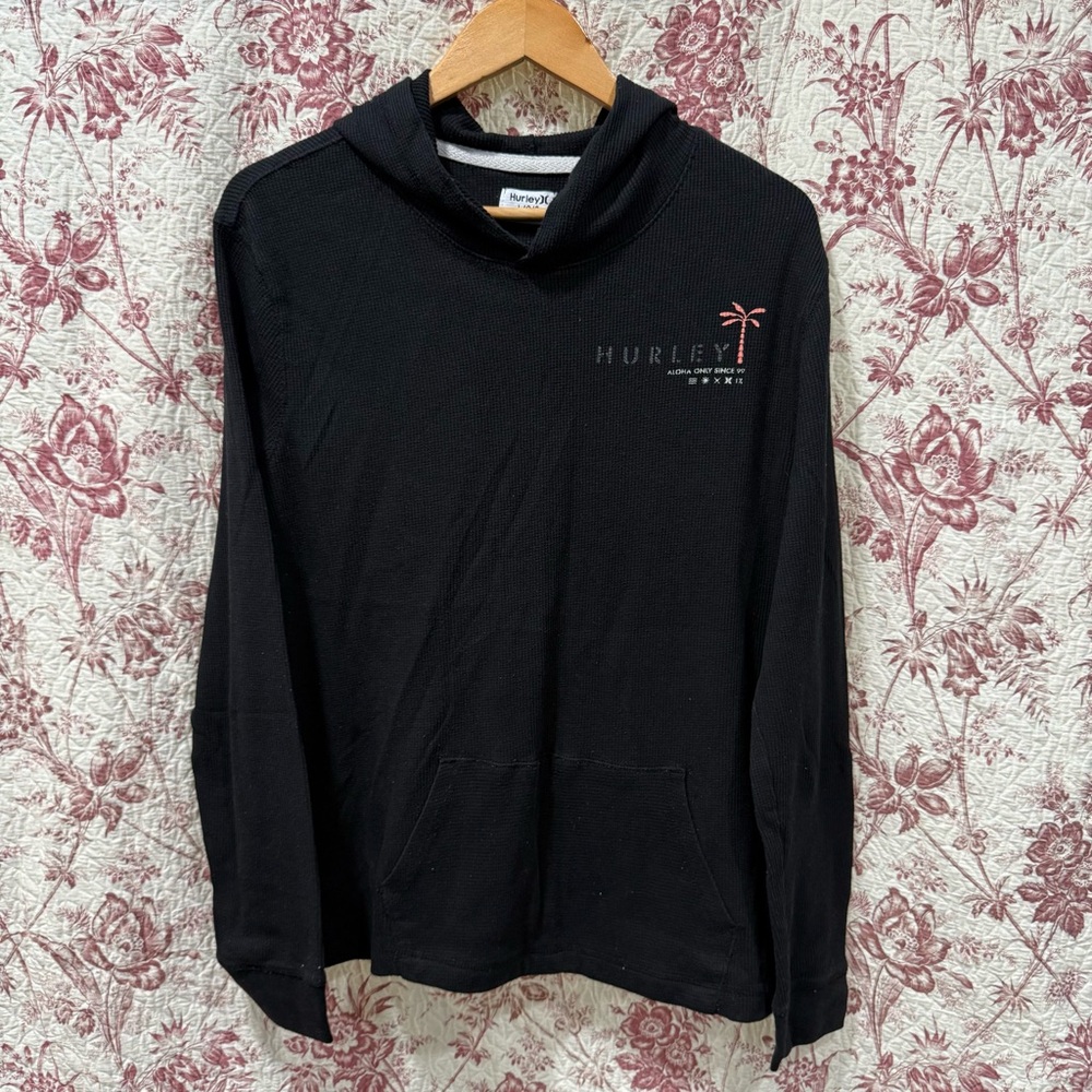 Hurley Waffle Knit Hoodie Black Long Sleeve Pullover Large